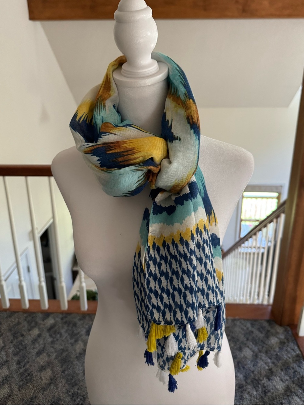 New Chico's Scarf Turquoise Yellow Cabo Ikat Boho Rectangular Tassels Polyester